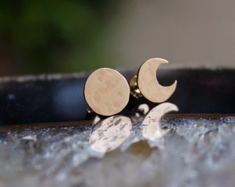 14k gold moon earrings, moonphase earrings, gold moon jewelry, gold moons, gold crescent moon, full moon