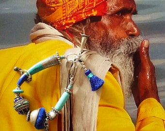 Bracelet nomade tribal Tibetain, perles artisanales Népal, bijoux ethniques, turquoise, lapis lazuli, bouddhisme, mala, prière, Fujigirls