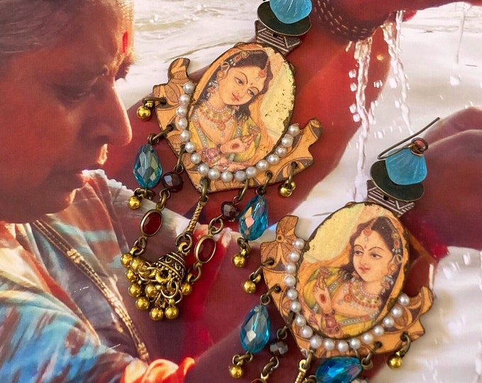 Boucles d'oreilles portraits Moghols, Bijoux ethniques art indien, Pendentif artisanal hindou, Inde vintage, nomade, hindu