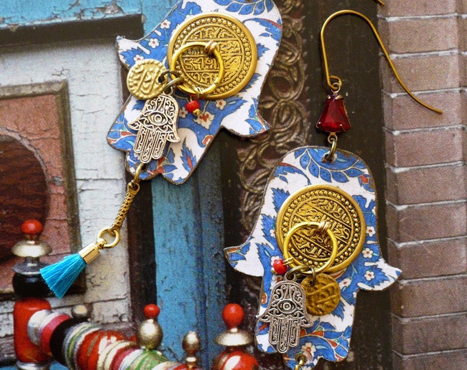 Boucles d'oreilles talisman oriental, esprit roulotte, danse du ventre, bohème gipsy, pendentif artisanal, porte bonheur, diseuse