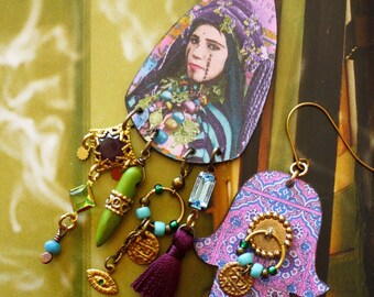 Boucles d'oreilles ethniques portrait kabyle, Bijoux nomade Algerien, pendentif artisanal cuivre, tribal oriental, talisman hamsa, Fujigirls