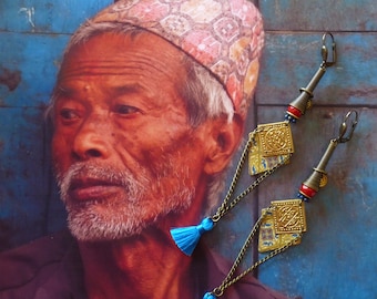 Boucles d'oreilles nomades de style Oriental, Bijoux Ethniques Originaux, Création Originale, Marocain, Pompons, Fujigirls