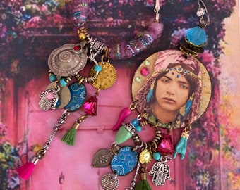 Earrings portrait of a Moorish Algerian woman, asymmetrical ethnic jewelry, oriental tribal, fatma, kutchi, nomad, gipsy