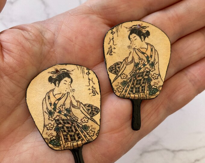 2 pendentifs en cuivre fait-main de style Asiatique, breloques artisanales Japonais Uchiwa, éventail asiatique