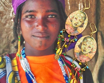 African tribal earrings, colorful ethnic jewelry, unique creation, handmade, portrait, cauris, ooak, Afro, Africa