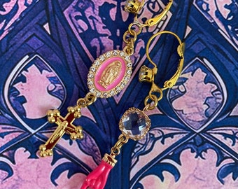 Boucles d'oreilles asymétriques croix médaille miraculeuse, amulettes Italiennes porte-bonheur, style gipsy, cornuto, fortune, catholique