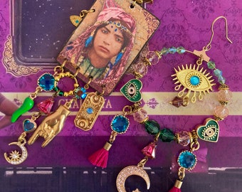Trendy bohemian earrings gipsy hippie chic boho, handmade pendant, asymmetrical creole, talisman, luck, gri-gri, folk