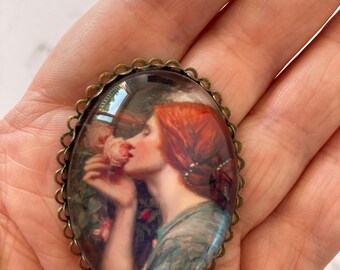 Pendentif cabochon portrait de femme vintage, support bronze antique