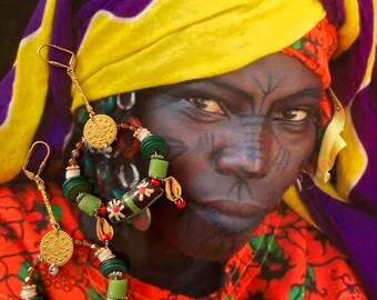 African tribal hoop earrings with recycled beads, Africa krobo beads from Ghana - Ethnic jewelry, nomadic look, brass cowrie shells