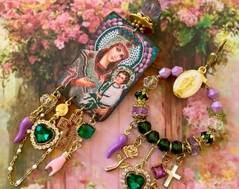 Religious earrings the Virgin Mary and the child, hippie chic look, miraculous medals, dissociated faith jewelry, gipsy boho