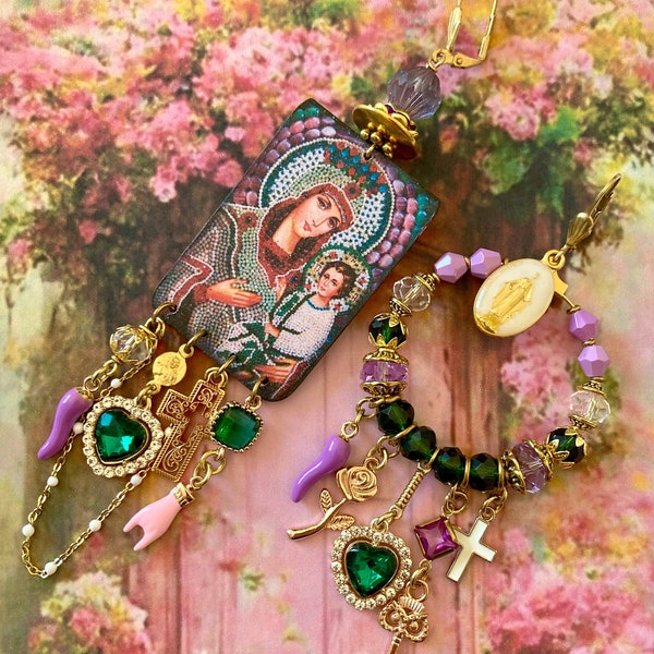 Boucles d'oreilles religieuses la vierge Marie et l'enfant, look hippie chic, médailles miraculeuses, bijoux de foi dissociés, gipsy boho