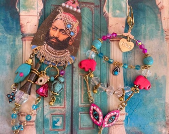 Bohemian gipsy earrings, handmade pendant, portrait of Maharaja, hippie chic look, trendy, boho, colorful, ibiza, folk