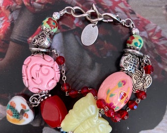 Bracelet bohème de style asiatique Feng shui, papillon en jade sculpté, Perles en porcelaine, Porte bonheur, chance, fortune, chinois