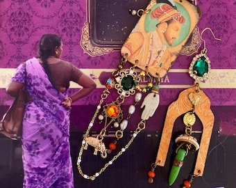 Indian ethnic earrings, asymmetrical Hindu jewelry, boho hippie chic, artisanal pendant, hippie chic, India, Indian