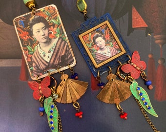 Boucles d'oreilles de style vintage portrait de femme Japonaise, Pendentifs nippon Geisha, Bijoux japonisant asymétriques, Japon, Zen