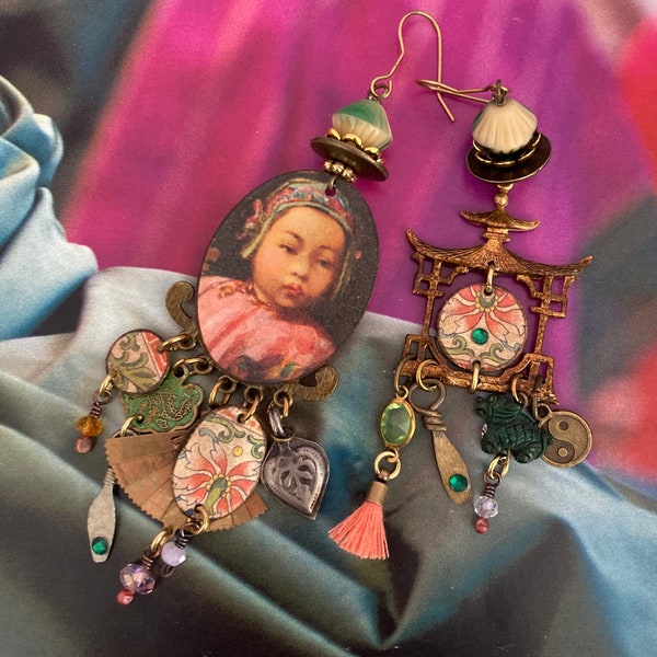 Boucles d'oreilles bohèmes asiatiques, pendentifs fait-main, look vintage, bohème Chinois, pagode, Chine antique, Enfant, rustique, Zen