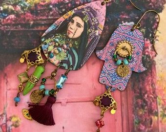 Ethnic Kabyle portrait earrings, Algerian nomadic jewelry, artisanal copper pendant, oriental tribal, hamsa talisman, Fujigirls