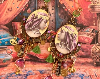 Bohemian gipsy earrings in hippie chic style, ethnic jewelry in oriental style, portrait of a woman, nomadic, tribal, ooak