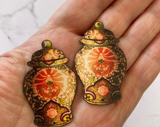 2 pendentifs en cuivre fait-main de style Asiatique, breloques artisanales d'esprit Chinois, pot de Chine, pot à gingembre