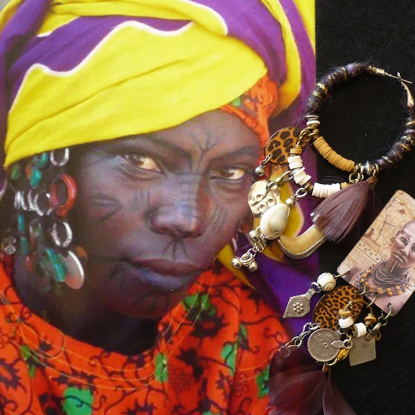 Boucles d'oreilles Africaine oversize tendance, Bijoux ethniques eclectiques Africain, Créoles asymétrique, Afro Bohème, Nomade, Fujigirls