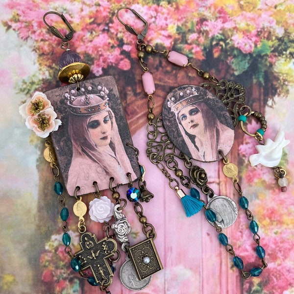 Boucles d'oreilles vintages portrait religieux, Bijoux Romantiques dissociés, style mystique, Médailles de la vierge, bijoux de foi, croix