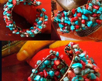 Tibetan Inspired Turquoise and Coral Bracelet, Nepal Nomadic Jewelry, Stone Chips, Asian Tribal, French Designer, Fujigirls