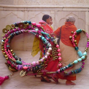 Multi-row boho hippie chic necklace, Long ethnic gipsy style necklace, kuchi tassels, textile fibers, Tibetan beads, Fujigirls