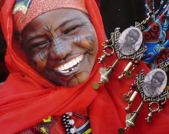 Orecchini etnici africani, gioielli nomadi afro boho, ciondolo artigianale, ritratto africano, tribale, seppia, Fujigirls