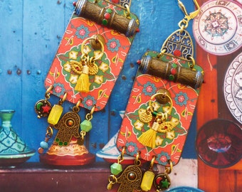 Ethnic earrings of Oriental inspiration, nomadic hippie chic jewelry, tile patterns, boho gipsy, folkloric, Fujigirls