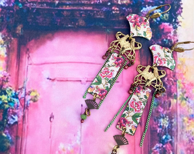 Boucles d'oreilles florales faux étain, pendentifs artisanaux aux motifs floraux, style bohème, oiseaux inséparables, rose, vert, éventail