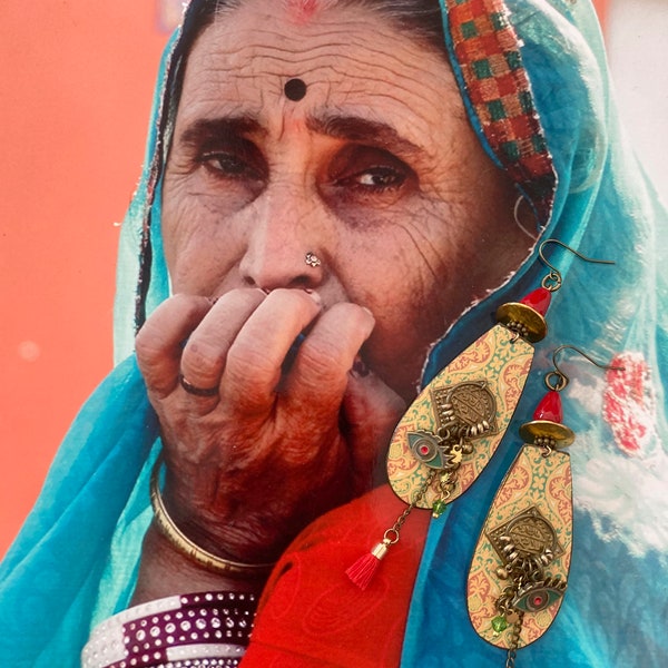 Longues boucles d'oreilles ethniques Indiennes, Bijoux originaux de style hindou, pendentif artisanal, nomade, talisman, Inde, Fujigirls