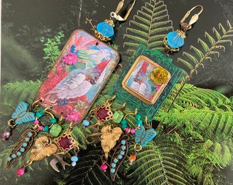 Exotic bohemian tropical nature earrings, vintage style Hawaii aloha jewelry, boho hippie chic, jungle, Cockatoo, botanical