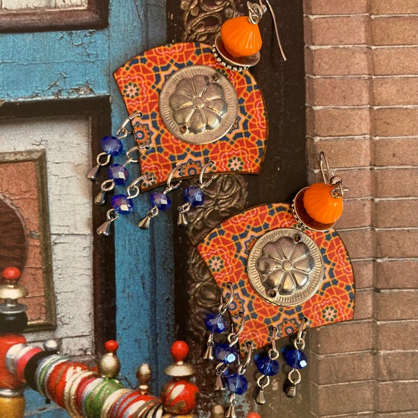 Ethnic Kuchi earrings, handmade tile pendants, Czech beads, oriental tribal, Fujigirls Jewelry