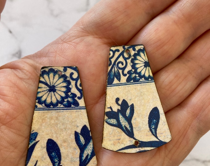 2 pendentifs connecteurs fait-main en cuivre, motifs céramique bleu de Chine, breloques artisanales, look vintage
