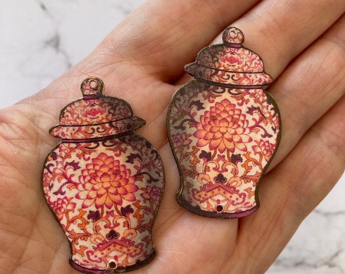 2 pendentifs en cuivre fait-main de style Asiatique, breloques artisanales d'esprit Chinois, pot de Chine, pot à gingembre