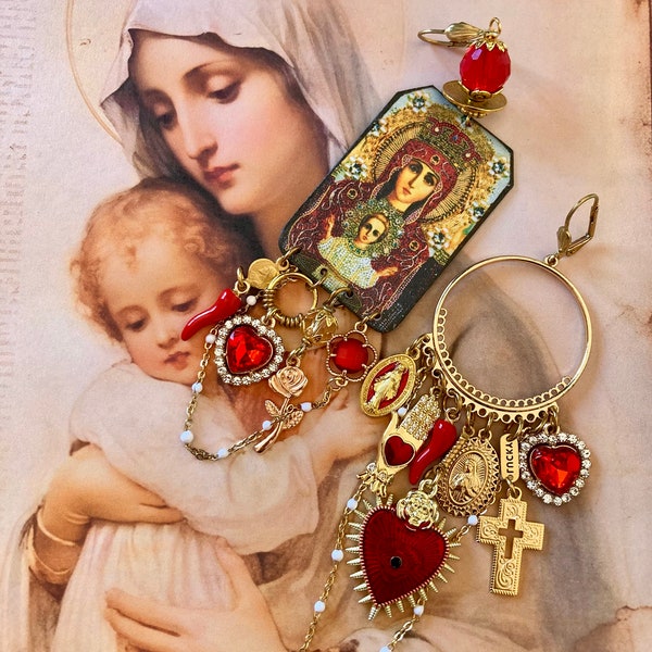 Boucles d'oreille religieuse la vierge Marie et l'enfant, médaille miraculeuse, bijoux de foi, amulettes Italiennes, sacré-coeur, Milagros,