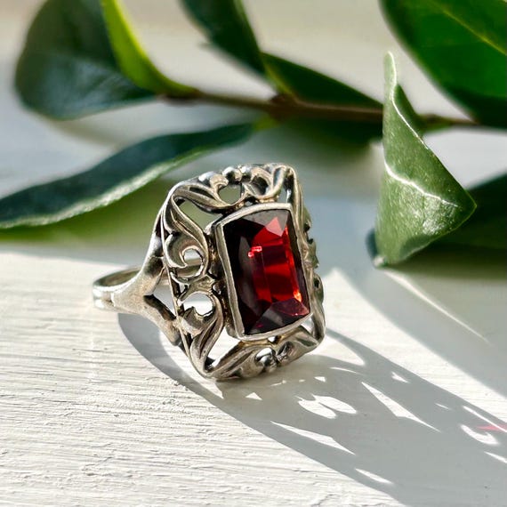 Art Deco Silver Rectangular Red Glass Antique Ger… - image 8