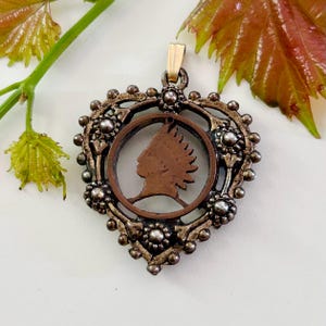 Vintage Indian Head Pendant Carved from Penny, Cut Out One Cent Coin in Heart Charm