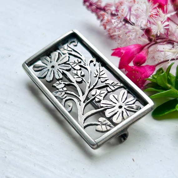 Silver 925 Vintage German Rectangular Brooch with… - image 1