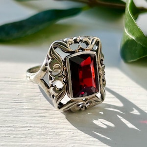 Art Deco Silver Rectangular Red Glass Antique German Ring with Floral Motifs, Size 6.5 - 7