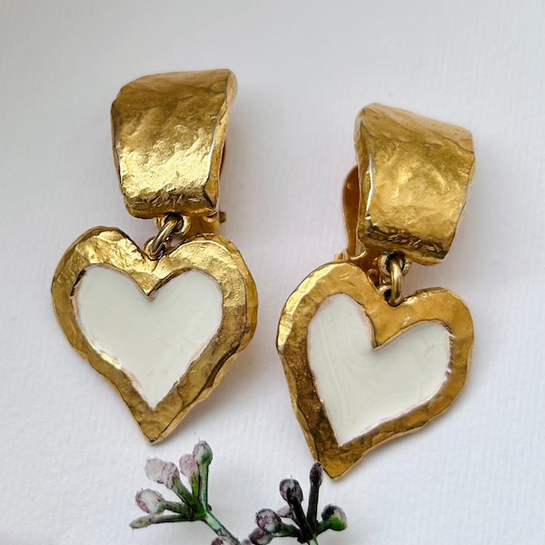 Edouard Rambaud Signed Vintage 1980s French Clip On Earrings Heart Shaped with White Enamel, Paris, France, Rare Designer Couture Statement