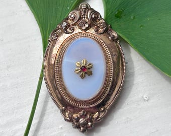 Biedermeier Gold Filled Over Silver & Agate 19th Century Antique Brooch Pin