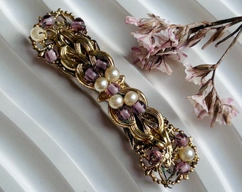 Vintage Miriam Haskell estilo pasador de barra sin firmar con perlas falsas y cuentas púrpuras, broche vintage