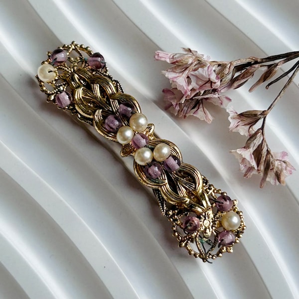 Vintage Miriam Haskell Style Unsigned Bar Pin with Faux Pearls and Purple Beads, Vintage Brooch