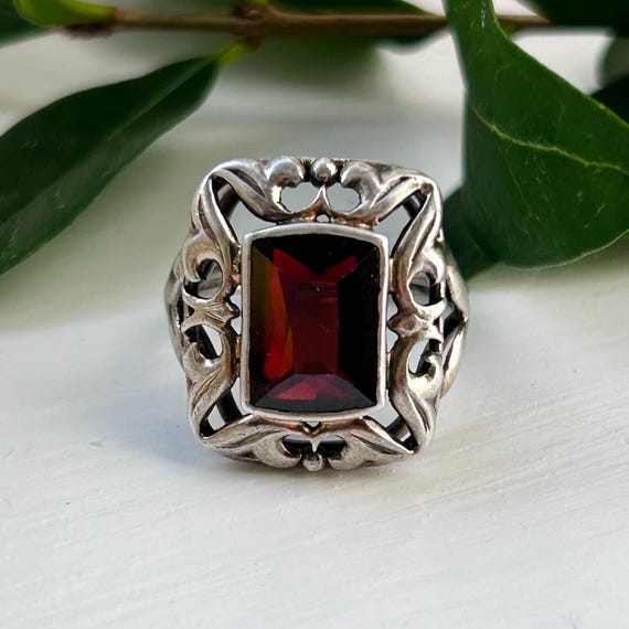 Art Deco Silver Rectangular Red Glass Antique Ger… - image 6