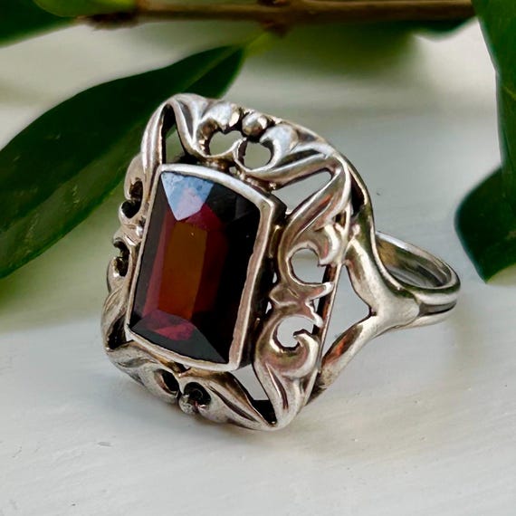 Art Deco Silver Rectangular Red Glass Antique Ger… - image 2