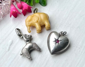 Antique Silver and Plastic Charms: an Elephant, a Sheep and a Puffy Heart, Pick Your Favorite