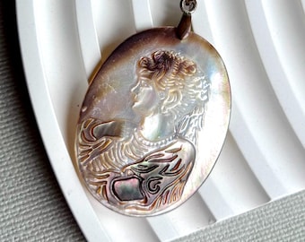 Carved Mother of Pearl Cameo, Black Abalone Shell Cameo Pendant
