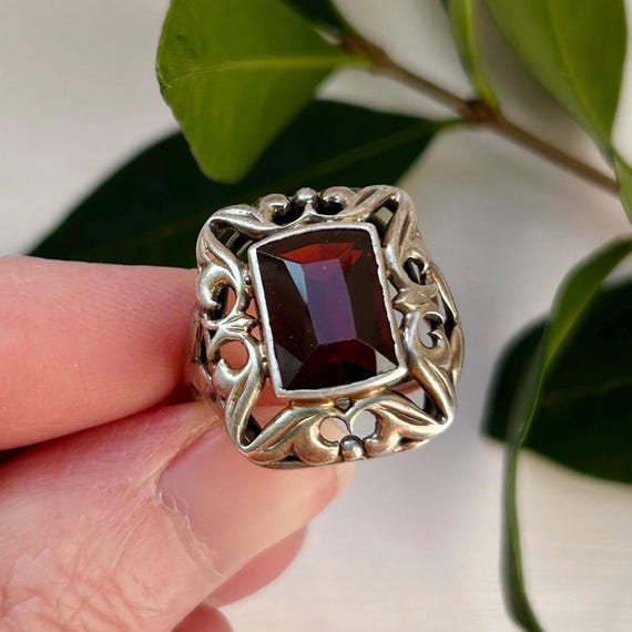 Art Deco Silver Rectangular Red Glass Antique Ger… - image 5