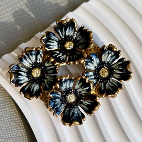 Black Flower Enamel Vintage/Antique Huge Brooch, … - image 2